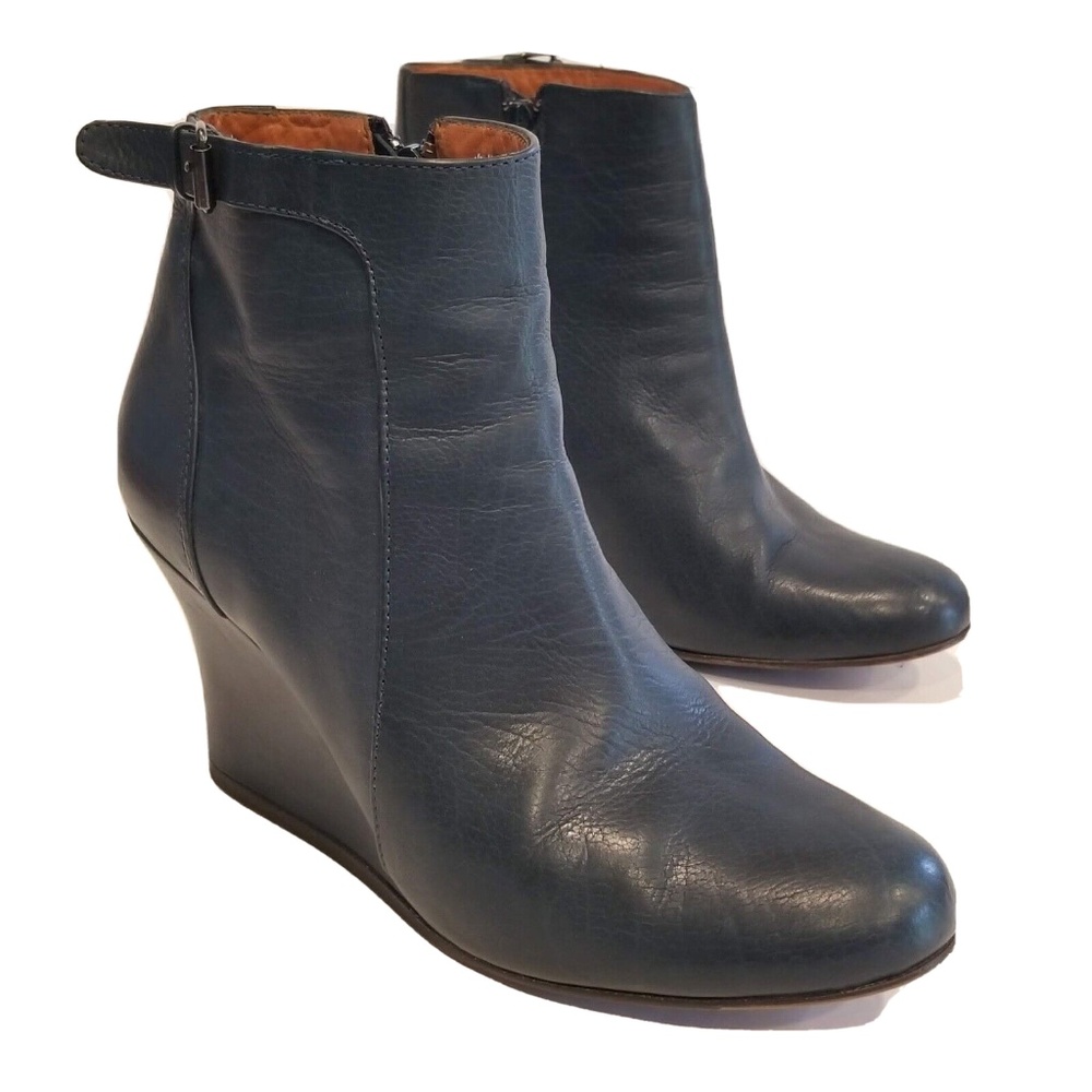 Lanvin Paris Wedge Ankle Booties Blue Leather High Heels Womens Shoes Size 7-7.5